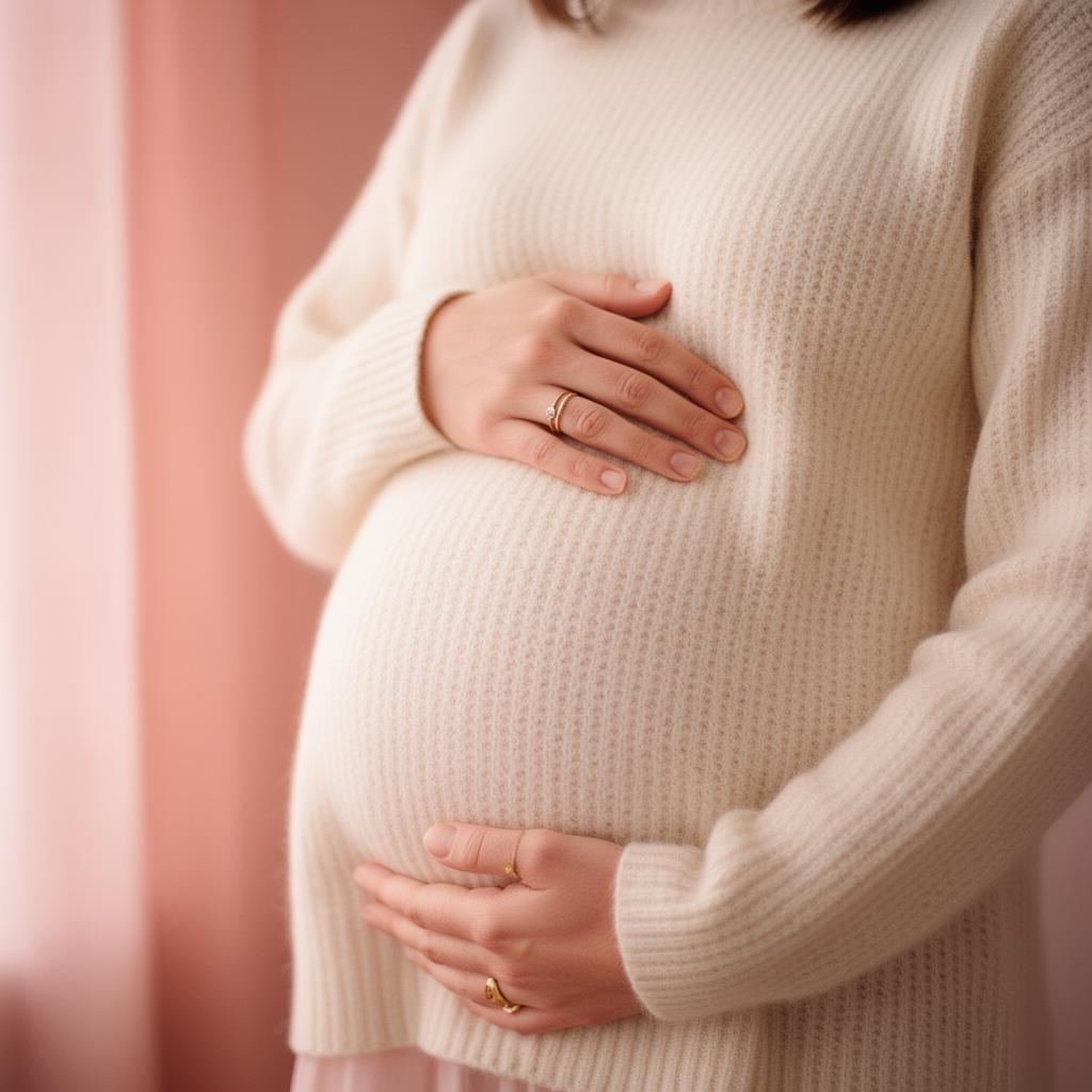 Mother cradling pregnant belly in soft cream knit