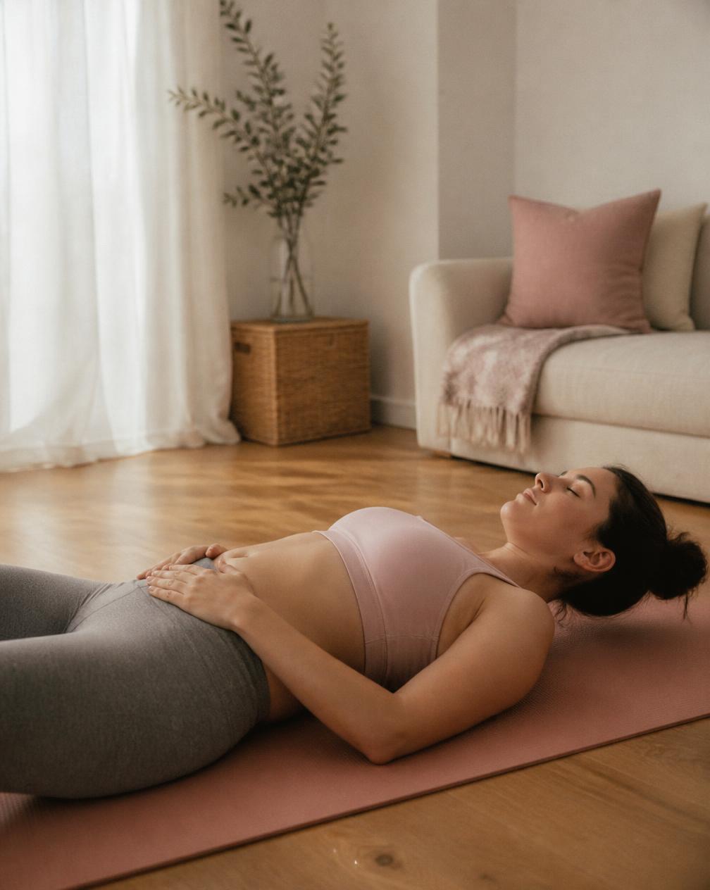 Postpartum woman breathing on a blush yoga mat at home