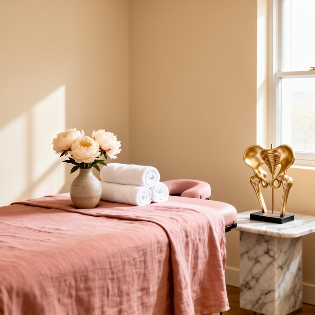 Blush pink therapy table with peonies and gold pelvic anatomy sculpture